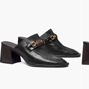 Tory Burch Black Leather Mules with Gold Hardware